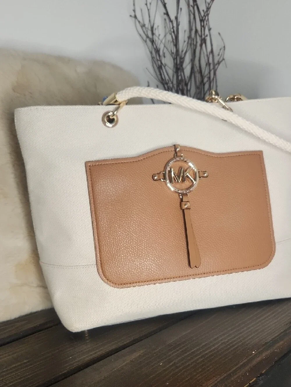 Michael Kors Cream Canvas Tote with Tan Leather Pocket